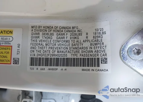 2024 Honda Civic Lx from USA, damaged, VIN 2HGFE2F29RH520255